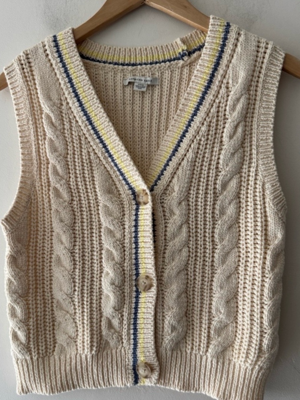 American Eagle Outfitters Cream Cable Knit Sweater Vest with Yellow & Navy Trim